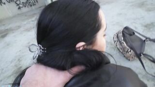 Outside Agent - Young Spanish dark haired with tiny natural boobs seduced inside outdoor inside sucking off a thick dick for money and allowing her bald vagina to be penetrated