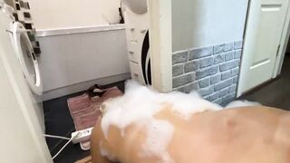 The step son went to his bath tub and helped to wash. Anal and bj