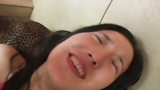 Thin oriental whore loves swallowing huge white dick on the sofa