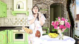 Cheerful maid without lingerie eats a lot of bananas into the dining room. ASMR four