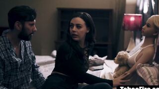 Weird bro 3 way fucks young chick and his sillicone doll