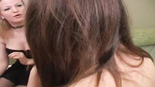 Young dark hair gets fuck doggy style while sucking off a second stud's pole