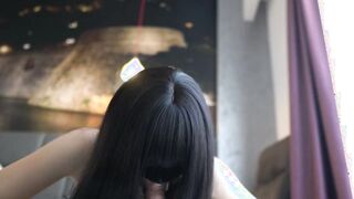 Vulgar dark hair Otta Koi dreams about 2 huge cocks! Sucking Off 2 dicks, fucking vibrator, long creampie