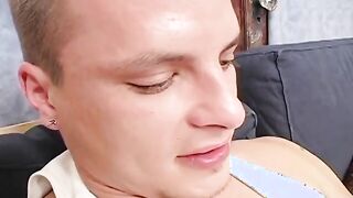 Turned On dark hair with tattoo is jumping on his laps