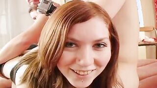 Young dark hair gets banged! doggy style while blowing a second stud's pole