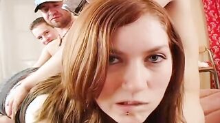 Young dark hair gets banged! doggy style while blowing a second stud's pole