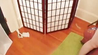 Young dark hair gets banged! doggy style while blowing a second stud's pole