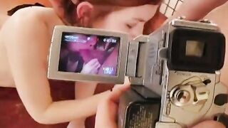 Young dark hair gets banged! doggy style while blowing a second stud's pole