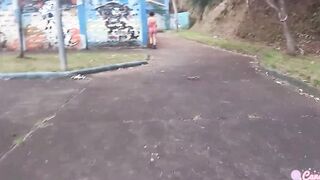 young woman pee and sucking off into outside square