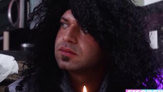 Stepbrothers clothed up for Halloween have an group sex as a ritual of salvation with their Bombshell stepsisters Macy Meadows and Leana Lovings loving their tight pussies until they cum