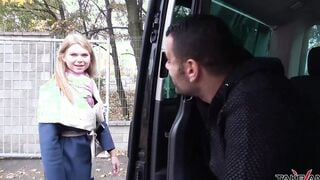 Blonde doesnt understand stranger inside van and come in where banged! rough
