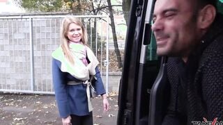 Blonde doesnt understand stranger inside van and come in where banged! rough