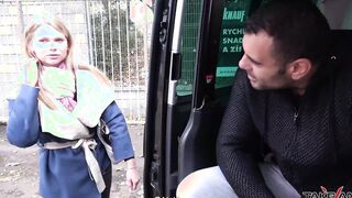 Blonde doesnt understand stranger inside van and come in where banged! rough