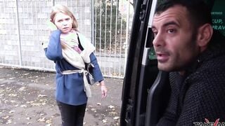 Blonde doesnt understand stranger inside van and come in where banged! rough