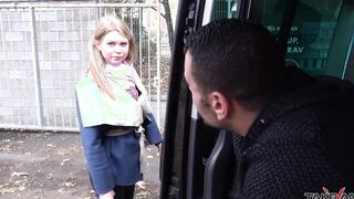 Blonde doesnt understand stranger inside van and come in where banged! rough