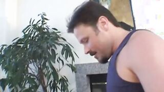 eastern dark haired blows and fucks 2 white hunks at the same time on the sofa