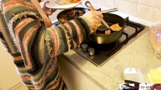 the housewife alone at home prepares a quick dinner nude into the kitchen. compilation