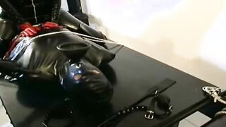3 rubber cats tie up their submissive sub