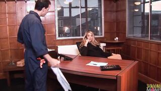 Sex at work has never looked better as this vulgar janitor fucks his blonde bae boss rough