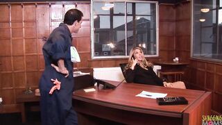 Sex at work has never looked better as this vulgar janitor fucks his blonde bae boss rough