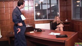 Sex at work has never looked better as this vulgar janitor fucks his blonde bae boss rough