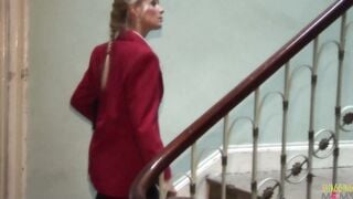 2 butlers start an anal three-way with their blonde cougar boss into which they double penetration and cumshot her