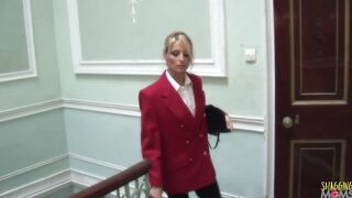 2 butlers start an anal three-way with their blonde cougar boss into which they double penetration and cumshot her