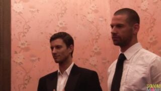 2 butlers start an anal three-way with their blonde cougar boss into which they double penetration and cumshot her