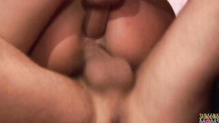 2 butlers start an anal three-way with their blonde cougar boss into which they double penetration and cumshot her