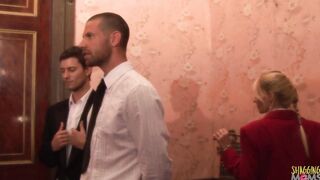 2 butlers start an anal three-way with their blonde cougar boss into which they double penetration and cumshot her