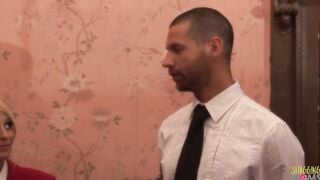 2 butlers start an anal three-way with their blonde cougar boss into which they double penetration and cumshot her
