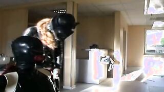 bound to the barber chair, she is finger fuck rough inside her rubber suit