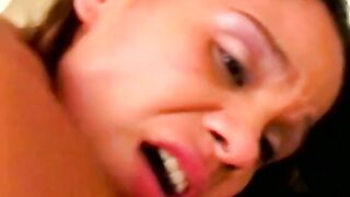 Young dark haired whore gets a warm load all over her butt and snatch after getting banged!