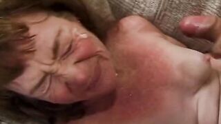 3 dicks jerking off into grandma's face