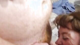 3 dicks jerking off into grandma's face