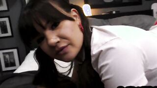 College uniform FELLATIO barely legal inside nylon knee socks blows point of view dick