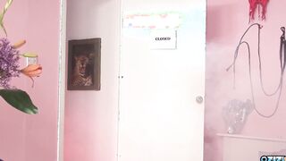 Blonde sex vibrator store worker gets leaped on by the dark hair lesbo vampire mom
