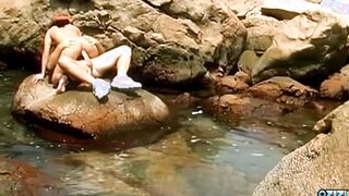 At the beach the dark hair mom has anal sex that ends with a facial