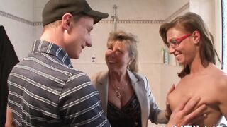 German swinger Petra Wegat into a bathroom three-way