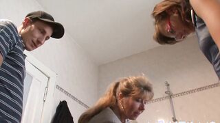 German swinger Petra Wegat into a bathroom three-way