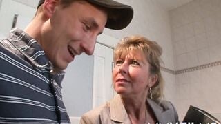 German swinger Petra Wegat into a bathroom three-way