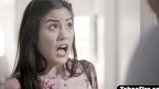 Stepfather helps step-daughter after she pissing inside leggings