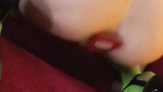 slender women gets toy into her ass before he slides his big penis inside her snatch