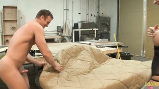 Into the workshop the blonde MILF with long titties bounces her bald twat inside reverse cowgirl