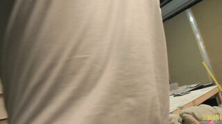 Into the workshop the blonde MILF with long titties bounces her bald twat inside reverse cowgirl