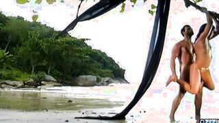 Anal sex on the beach between a goddess dark haired cougar and a pretty vulgar dude