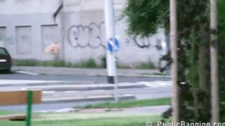 A young incredible 19 year old blonde women is plowed into outside by two men on the street with a oral sex sucking off cocks and vaginal cunt sex penetration with all the cars and trucks passing by watching the risky group sex