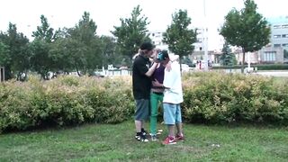 A young incredible 19 year old blonde women is plowed into outside by two men on the street with a oral sex sucking off cocks and vaginal cunt sex penetration with all the cars and trucks passing by watching the risky group sex