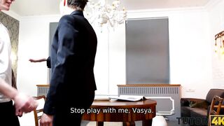 TUTOR4K. mom wearing official suit makes younger dude go filthy about fucking