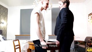 TUTOR4K. mom wearing official suit makes younger dude go filthy about fucking